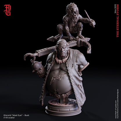 Captain Glarald 'Mad Eye' Miniature | Seafaring Commander with Pirate Monkey Companion for DnD Expeditions | 32mm Scale or 75mm Scale - Plague Miniatures