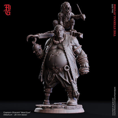Captain Glarald 'Mad Eye' Miniature | Seafaring Commander with Pirate Monkey Companion for DnD Expeditions | 32mm Scale or 75mm Scale - Plague Miniatures