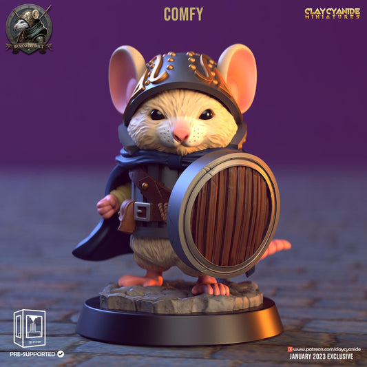 Comfy, Mini Mice Miniature | Shield-Wielding Tiny Defender | 32mm Scale - Plague Miniatures