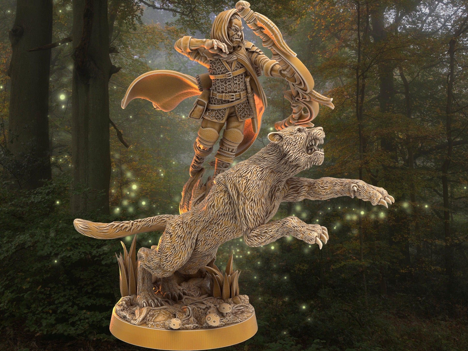 DnD Archer with tiger companion miniature | Dragon's Forge | 32mm Scale DnD 5e | DnD ranger | DnD Miniature | Dungeons and Dragon - Plague Miniatures