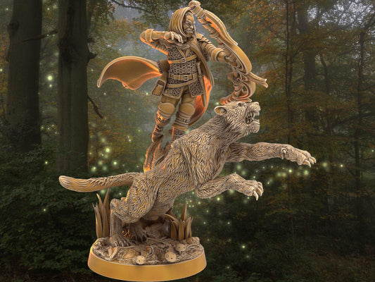 DnD Archer with tiger companion miniature | Dragon's Forge | 32mm Scale DnD 5e | DnD ranger | DnD Miniature | Dungeons and Dragon - Plague Miniatures