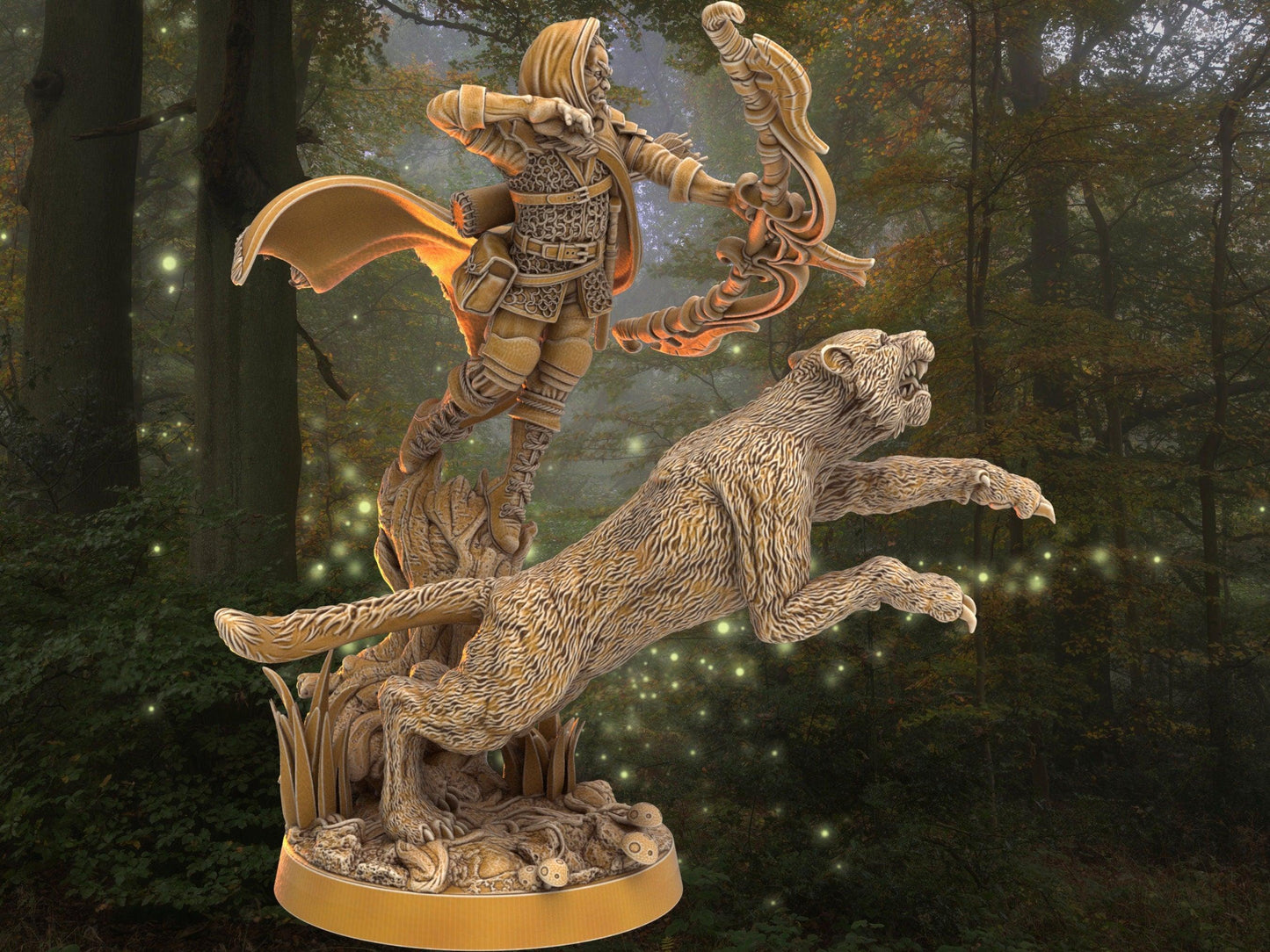 DnD Archer with tiger companion miniature | Dragon's Forge | 32mm Scale DnD 5e | DnD ranger | DnD Miniature | Dungeons and Dragon - Plague Miniatures