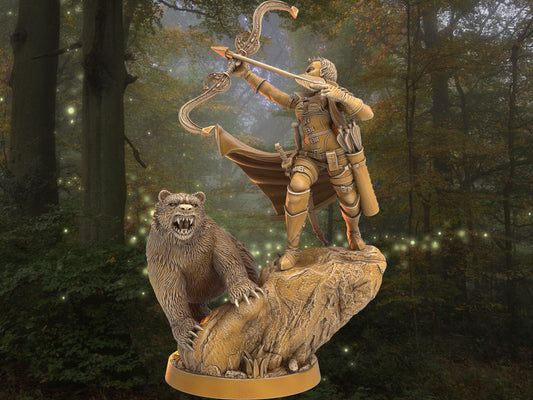 DnD Female Elf Archer with bear companion miniature | Dragon's Forge | 32mm Scale DnD 5e | DnD ranger | DnD Miniature | Dungeons and Dragon - Plague Miniatures