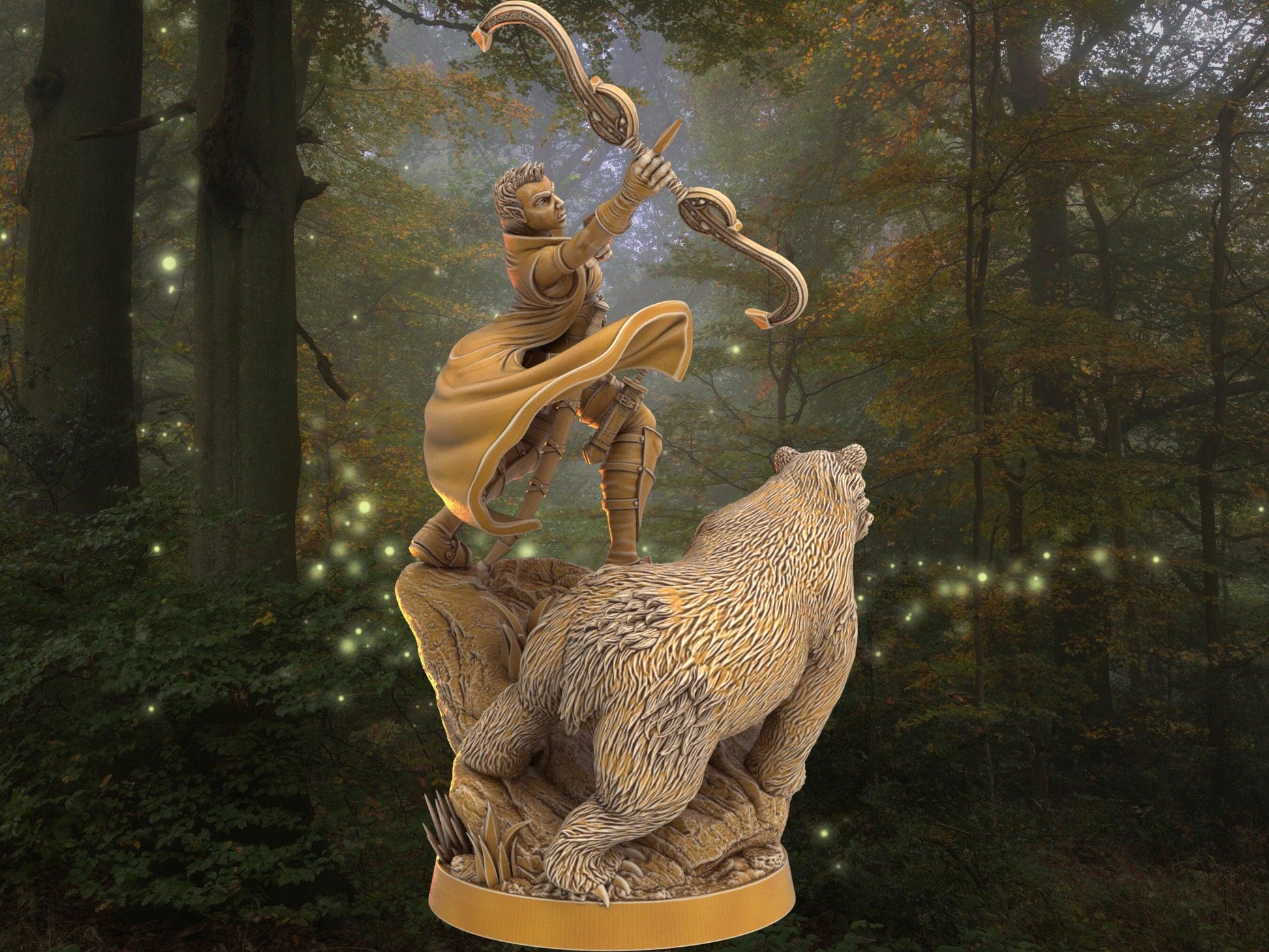 DnD Female Elf Archer with bear companion miniature | Dragon's Forge | 32mm Scale DnD 5e | DnD ranger | DnD Miniature | Dungeons and Dragon - Plague Miniatures