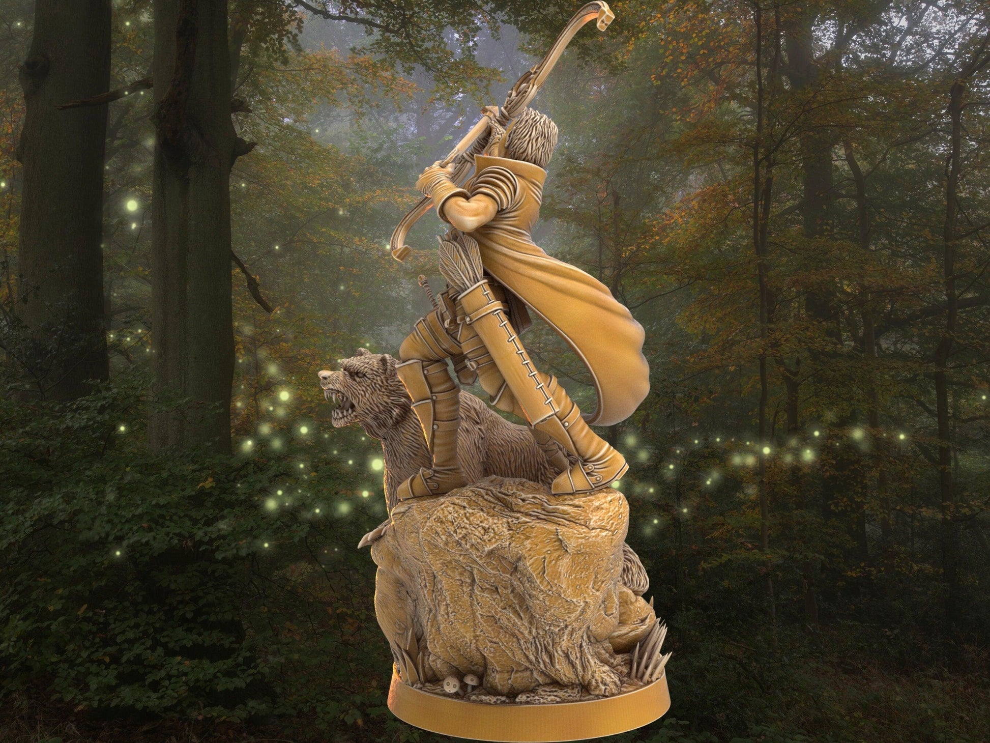 DnD Female Elf Archer with bear companion miniature | Dragon's Forge | 32mm Scale DnD 5e | DnD ranger | DnD Miniature | Dungeons and Dragon - Plague Miniatures