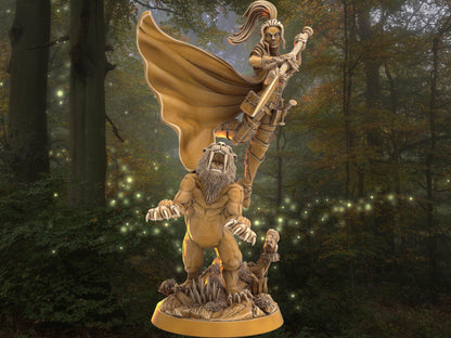 DnD Female Warrior with direcat companion miniature | Spear Warrior | 32mm Scale DnD 5e | DnD ranger | DnD Miniature | Dungeons and Dragon - Plague Miniatures