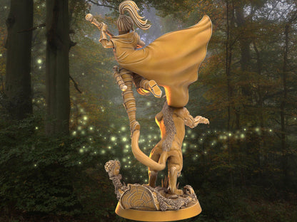 DnD Female Warrior with direcat companion miniature | Spear Warrior | 32mm Scale DnD 5e | DnD ranger | DnD Miniature | Dungeons and Dragon - Plague Miniatures