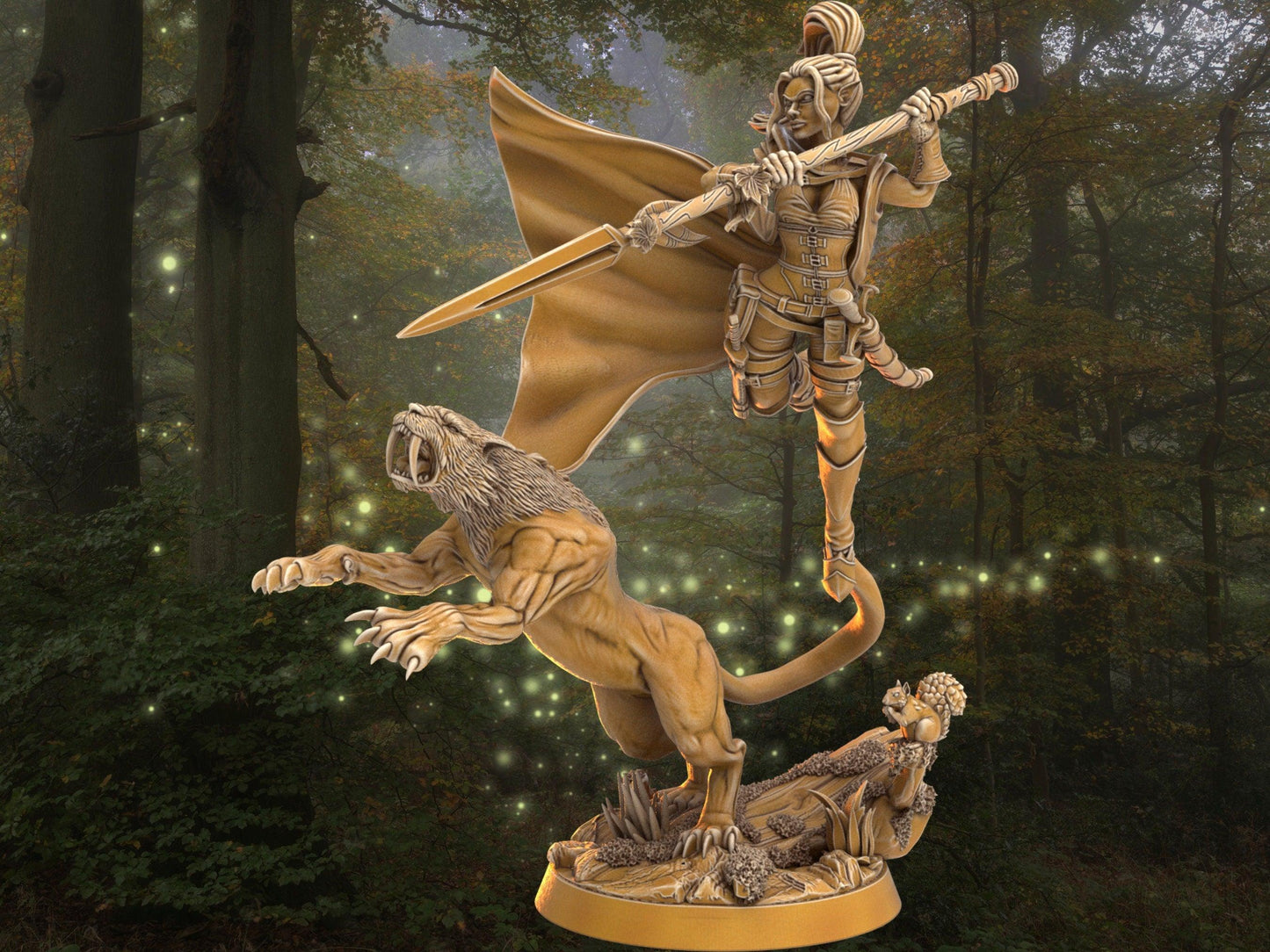 DnD Female Warrior with direcat companion miniature | Spear Warrior | 32mm Scale DnD 5e | DnD ranger | DnD Miniature | Dungeons and Dragon - Plague Miniatures