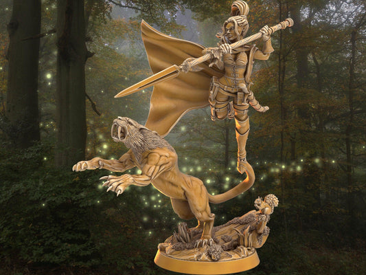 DnD Female Warrior with direcat companion miniature | Spear Warrior | 32mm Scale DnD 5e | DnD ranger | DnD Miniature | Dungeons and Dragon - Plague Miniatures