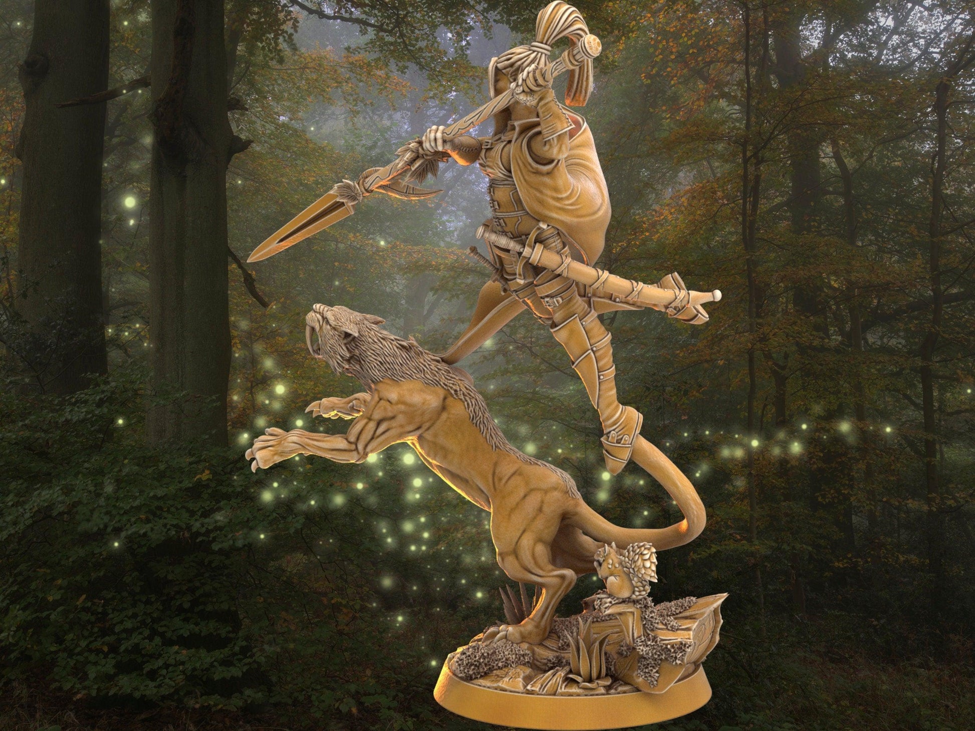 DnD Female Warrior with direcat companion miniature | Spear Warrior | 32mm Scale DnD 5e | DnD ranger | DnD Miniature | Dungeons and Dragon - Plague Miniatures