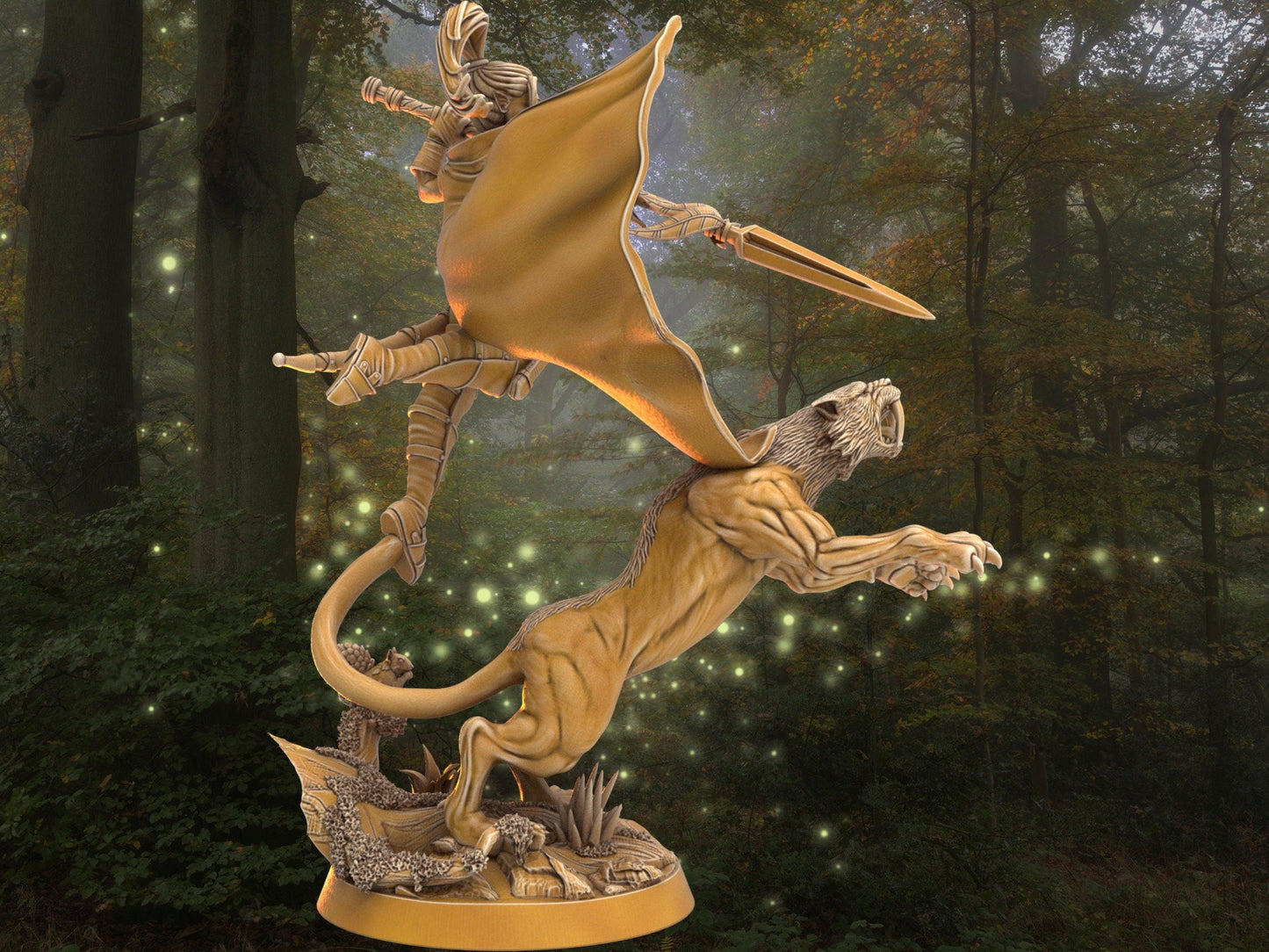 DnD Female Warrior with direcat companion miniature | Spear Warrior | 32mm Scale DnD 5e | DnD ranger | DnD Miniature | Dungeons and Dragon - Plague Miniatures