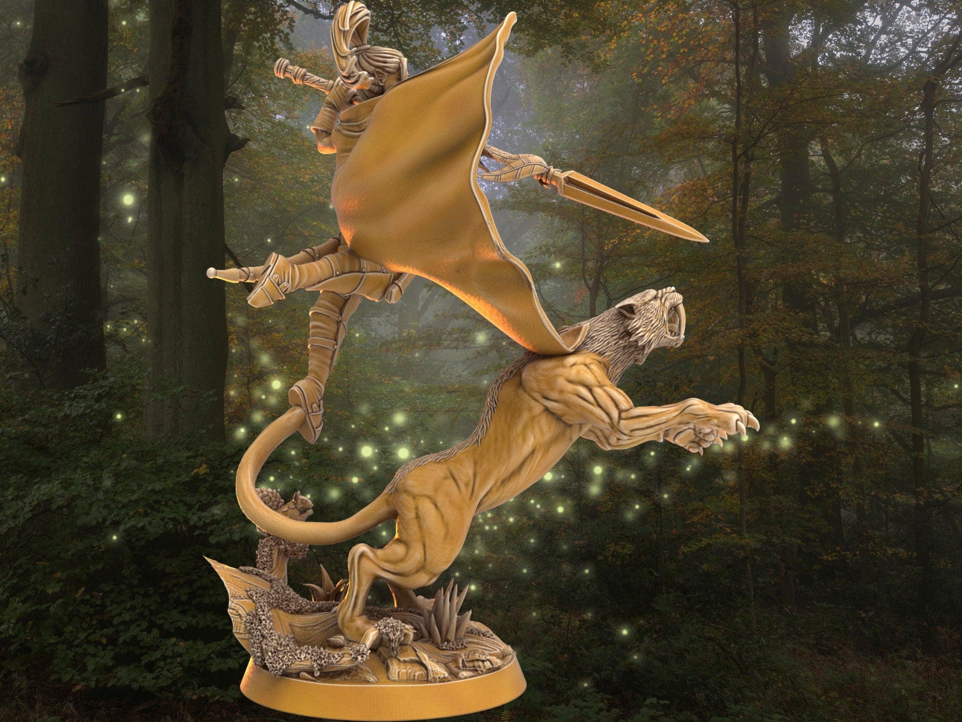 DnD Female Warrior with direcat companion miniature | Spear Warrior | 32mm Scale DnD 5e | DnD ranger | DnD Miniature | Dungeons and Dragon - Plague Miniatures