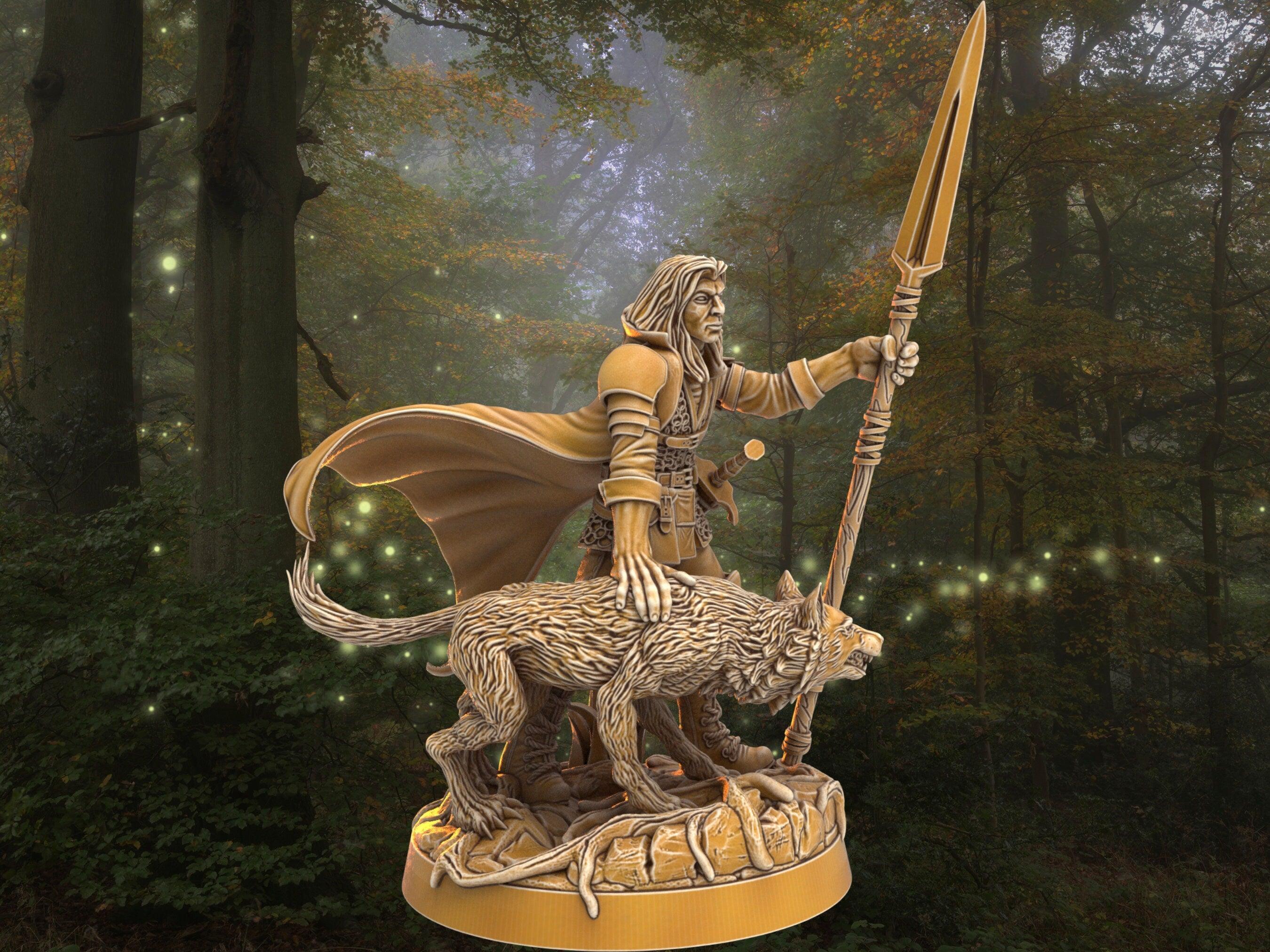 Dnd Ranger Mini Dnd Ranger miniature with wolf companion | Warrior w/ Spear | 32mm Sca ...
