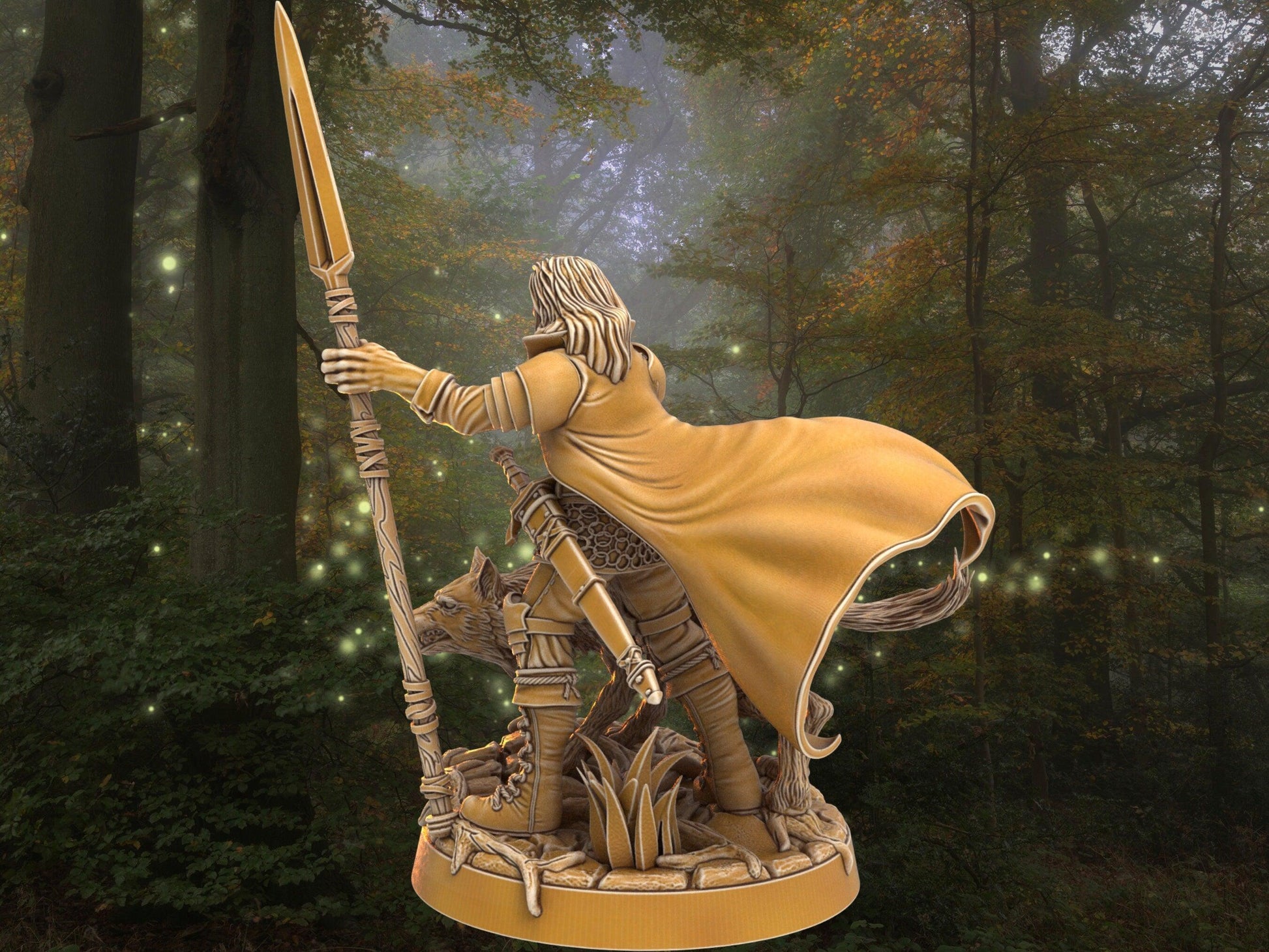 Dnd Ranger miniature with wolf companion | Warrior w/ Spear | 32mm Scale DnD 5e | DnD ranger | DnD Miniature | Dungeons and Dragon - Plague Miniatures