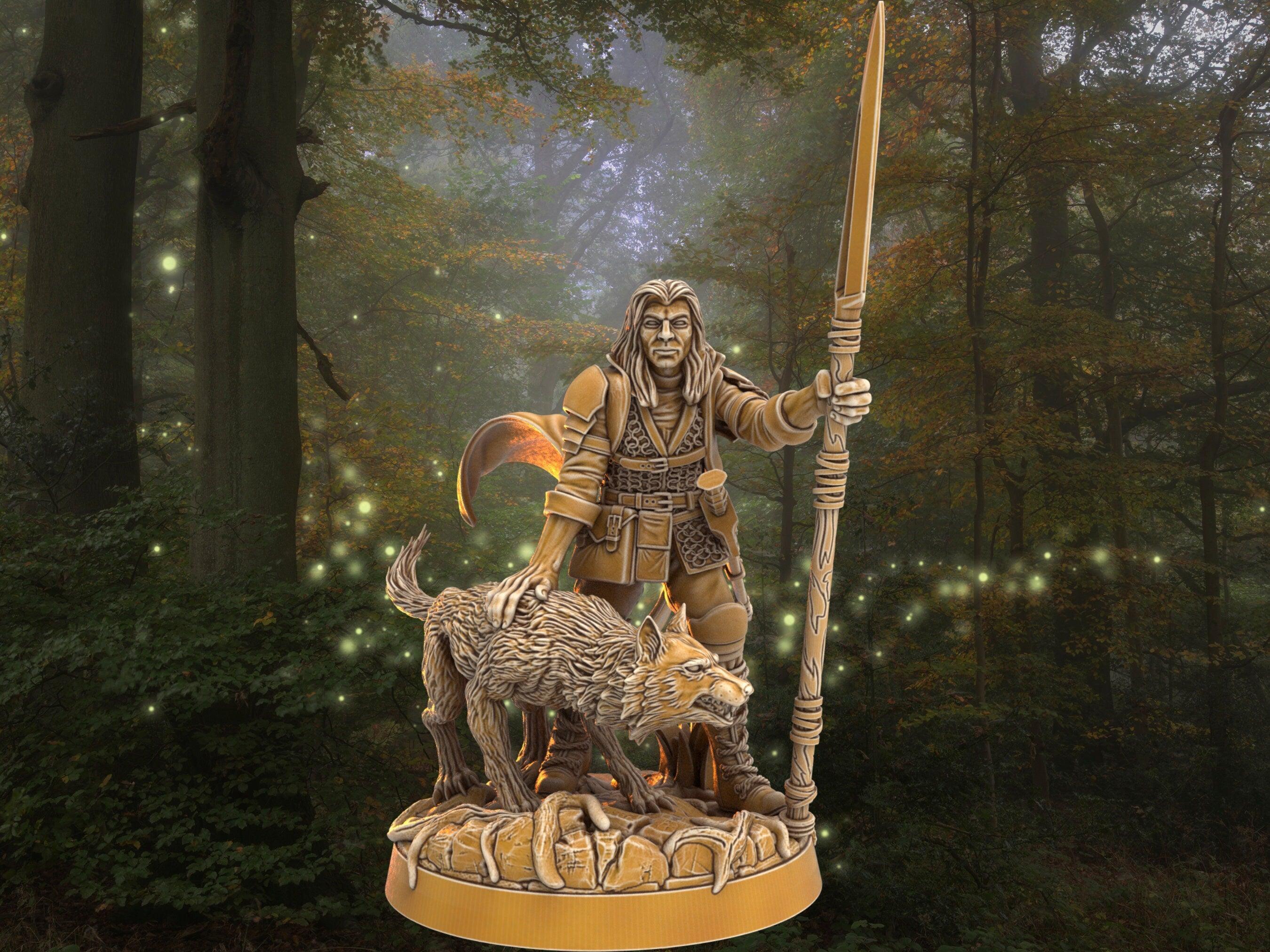 Dnd Ranger miniature with wolf companion | Warrior w/ Spear | 32mm Sca ...