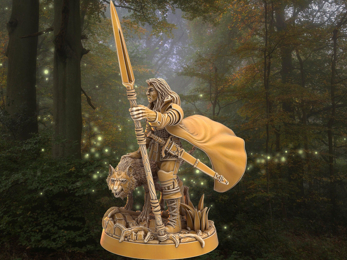 Dnd Ranger miniature with wolf companion | Warrior w/ Spear | 32mm Scale DnD 5e | DnD ranger | DnD Miniature | Dungeons and Dragon - Plague Miniatures