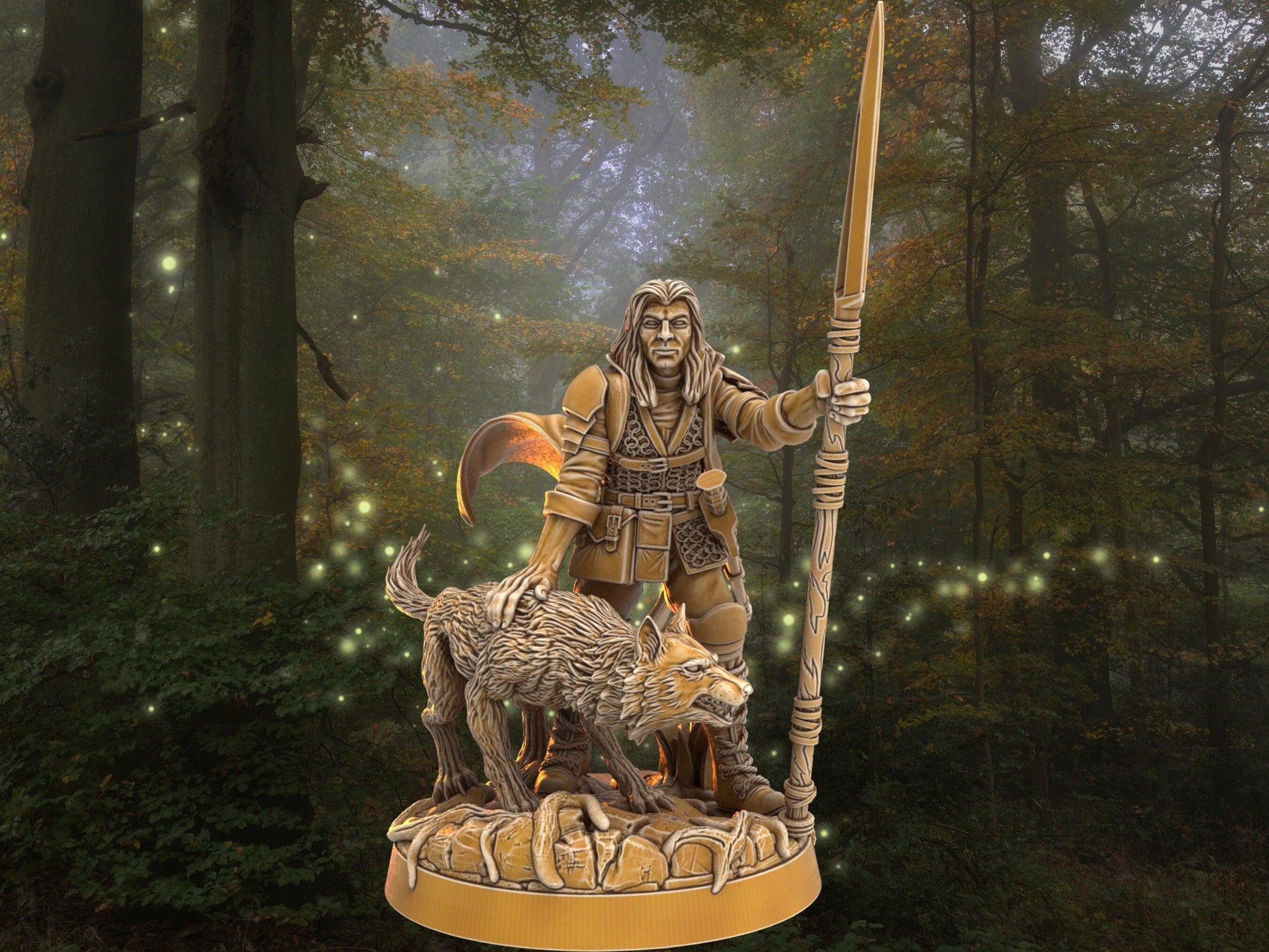 Dnd Ranger miniature with wolf companion | Warrior w/ Spear | 32mm Scale DnD 5e | DnD ranger | DnD Miniature | Dungeons and Dragon - Plague Miniatures