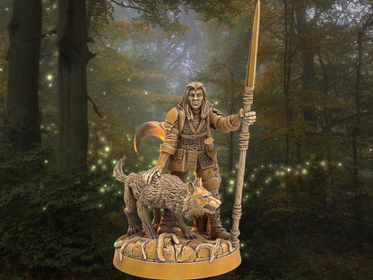 Dnd Ranger miniature with wolf companion | Warrior w/ Spear | 32mm Scale DnD 5e | DnD ranger | DnD Miniature | Dungeons and Dragon - Plague Miniatures
