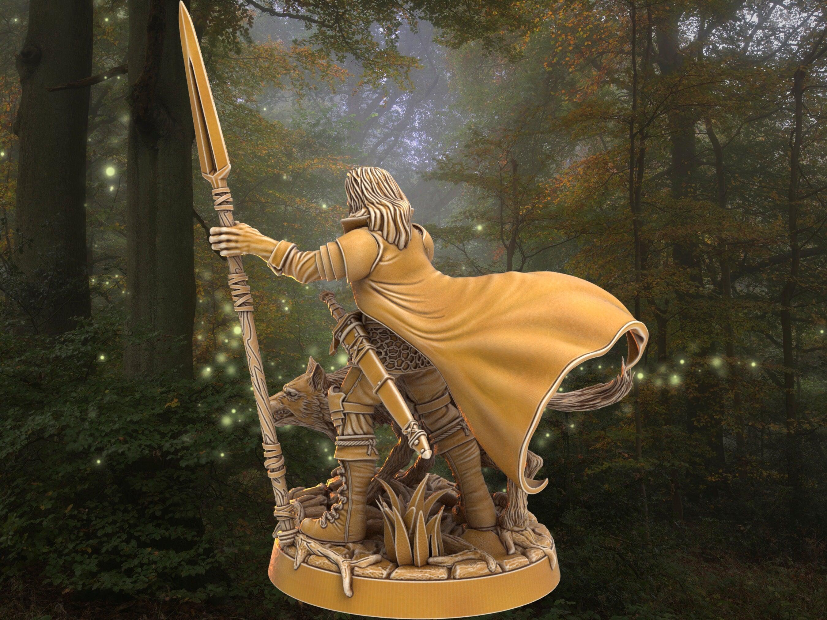 Dnd Ranger miniature with wolf companion | Warrior w/ Spear | 32mm Sca ...