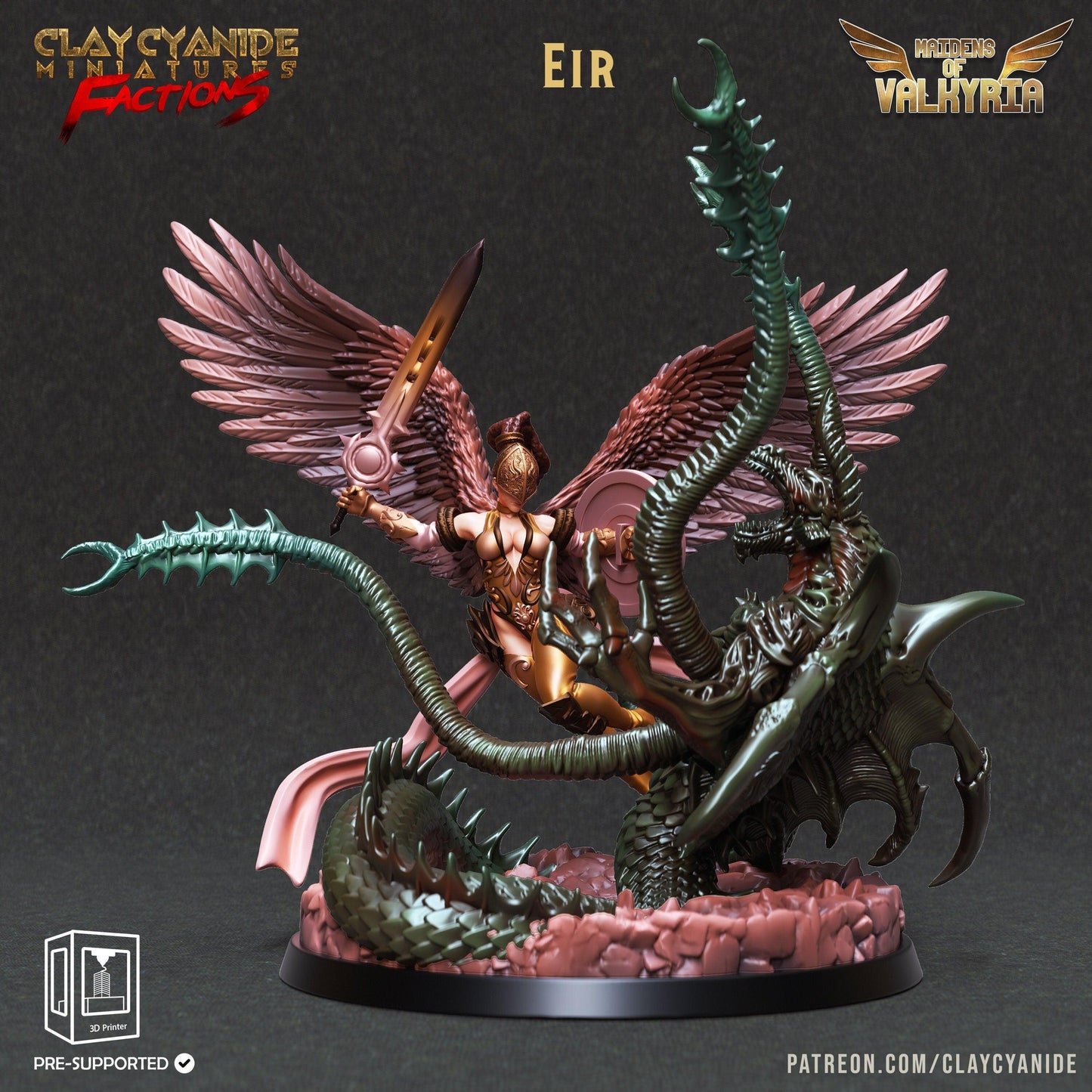 Eir Viking Valkyrie Miniature | Commander of the Maidens - Mounted on Tentacled Behemoth | 32mm Scale - Plague Miniatures