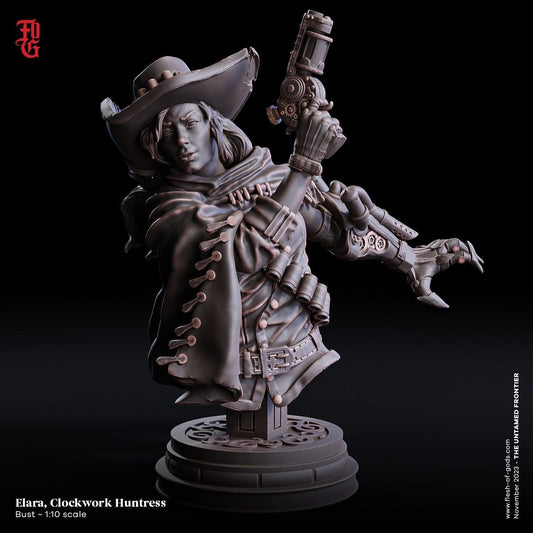 Elara, Clockwork Huntress Bust Female Gunslinger | Wild West Outlaw Statue | Gift for a DM - Plague Miniatures