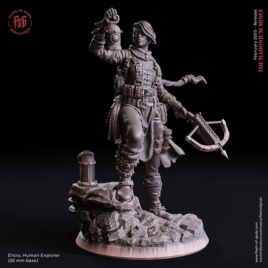 Elicia, Female Human Explorer Miniature | Adventurous Figurine for Dungeons and Dragons | 32mm Scale or 75mm Scale - Plague Miniatures shop for DnD Miniatures
