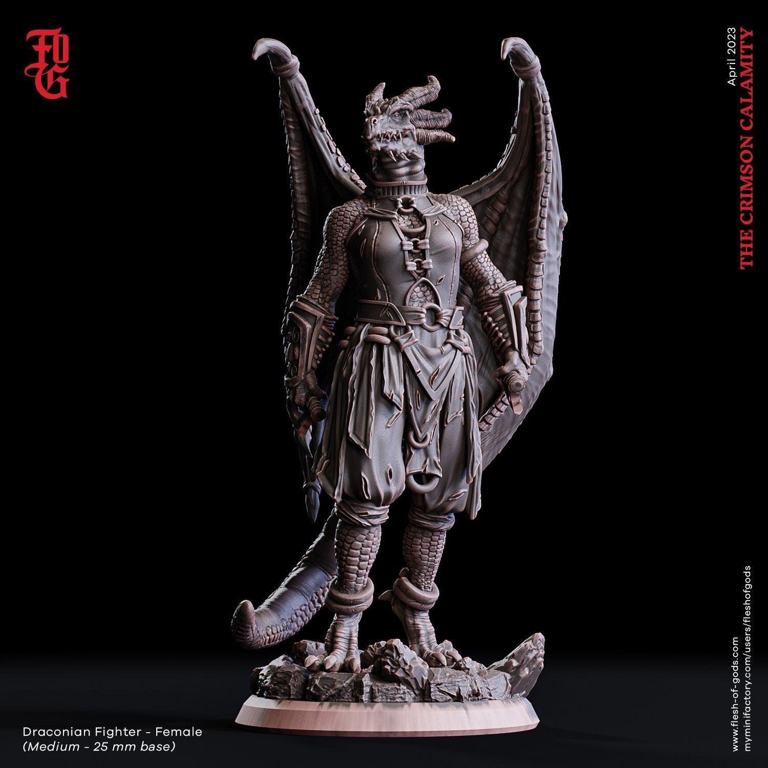 Female Draconian Fighter Miniature | Fierce Warrior in DnD Realms | 32mm Scale - Plague Miniatures