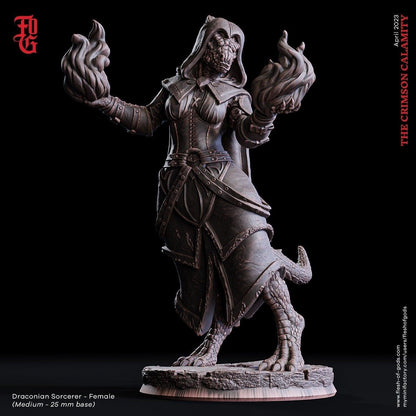 Female Draconian Sorceress Miniature | Mystical Enchantress in DnD Realms | 32mm Scale - Plague Miniatures
