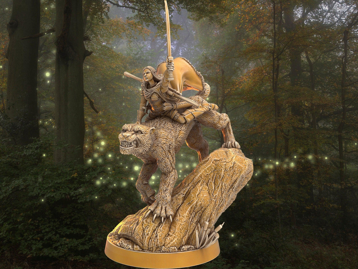 Female Elf Warrior Miniature with tiger mount | 32mm Scale DnD 5e | DnD ranger | DnD Miniature | Dungeons and Dragon Dnd 5e Elf miniature - Plague Miniatures