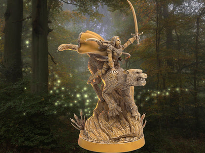Female Elf Warrior Miniature with tiger mount | 32mm Scale DnD 5e | DnD ranger | DnD Miniature | Dungeons and Dragon Dnd 5e Elf miniature - Plague Miniatures