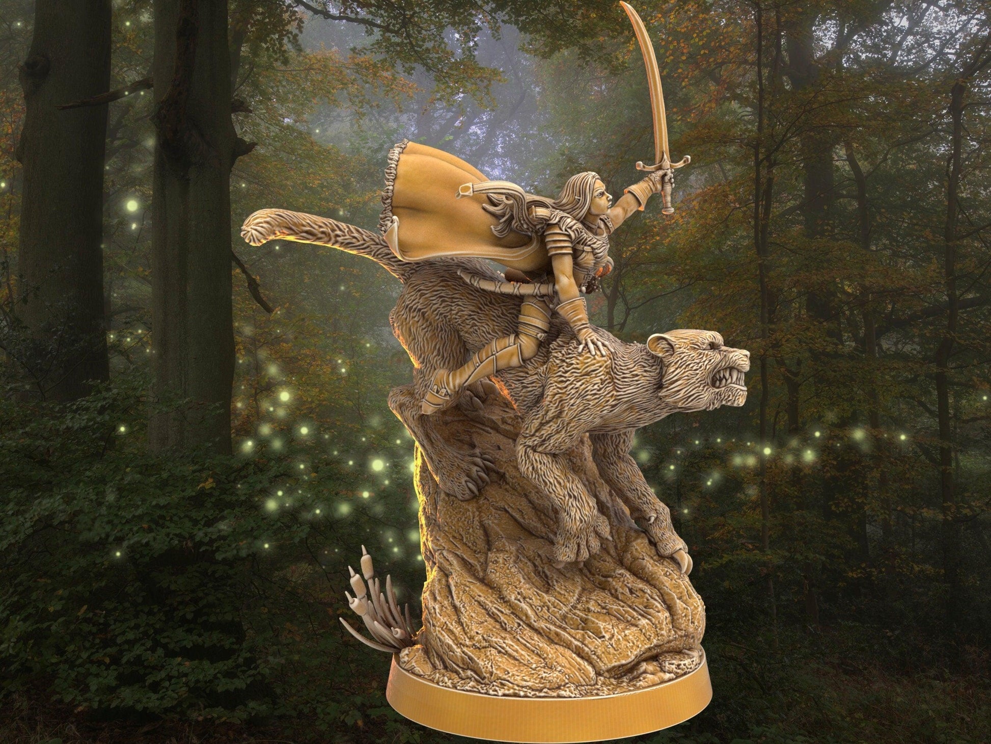 Female Elf Warrior Miniature with tiger mount | 32mm Scale DnD 5e | DnD ranger | DnD Miniature | Dungeons and Dragon Dnd 5e Elf miniature - Plague Miniatures