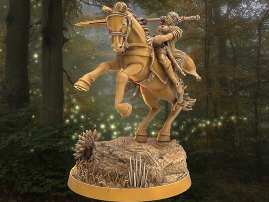 Female warrior on horse mount miniature | spearman archer miniature | 32mm Scale DnD 5e | DnD ranger | DnD Miniature | Dungeons and Dragon - Plague Miniatures