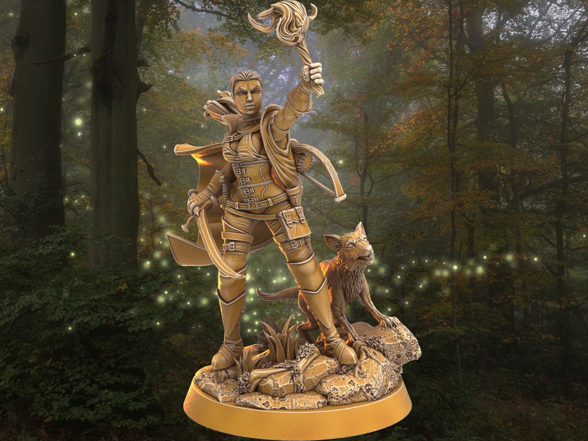 Female Warrior with fox companion miniature | companion army | 32mm Scale DnD 5e | DnD ranger | DnD Miniature | Dungeons and Dragon - Plague Miniatures