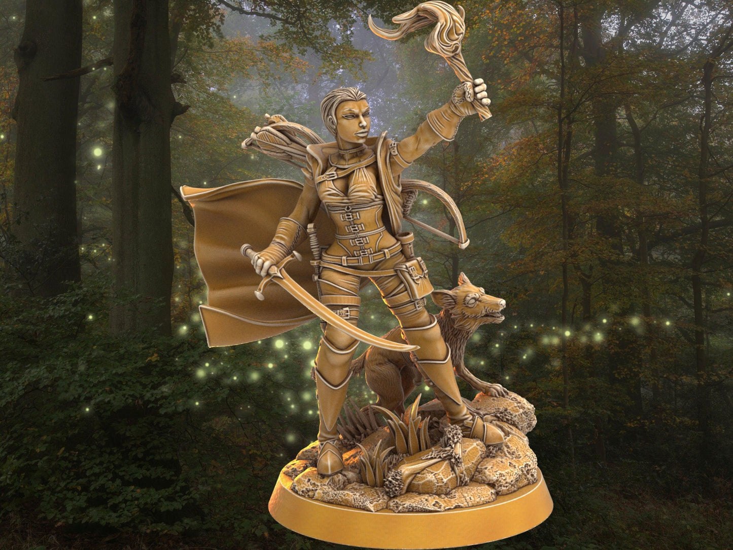 Female Warrior with fox companion miniature | companion army | 32mm Scale DnD 5e | DnD ranger | DnD Miniature | Dungeons and Dragon - Plague Miniatures