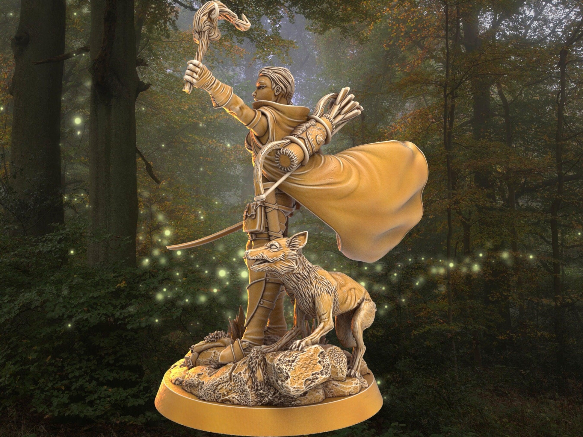 Female Warrior with fox companion miniature | companion army | 32mm Scale DnD 5e | DnD ranger | DnD Miniature | Dungeons and Dragon - Plague Miniatures