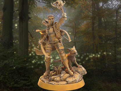 Female Warrior with fox companion miniature | companion army | 32mm Scale DnD 5e | DnD ranger | DnD Miniature | Dungeons and Dragon - Plague Miniatures