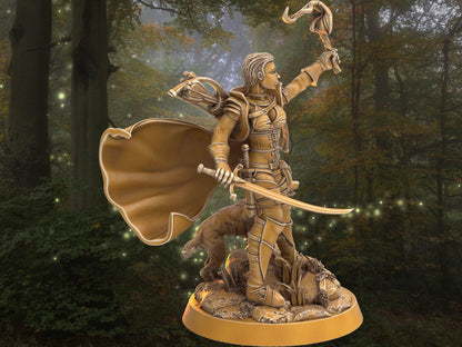 Female Warrior with fox companion miniature | companion army | 32mm Scale DnD 5e | DnD ranger | DnD Miniature | Dungeons and Dragon - Plague Miniatures