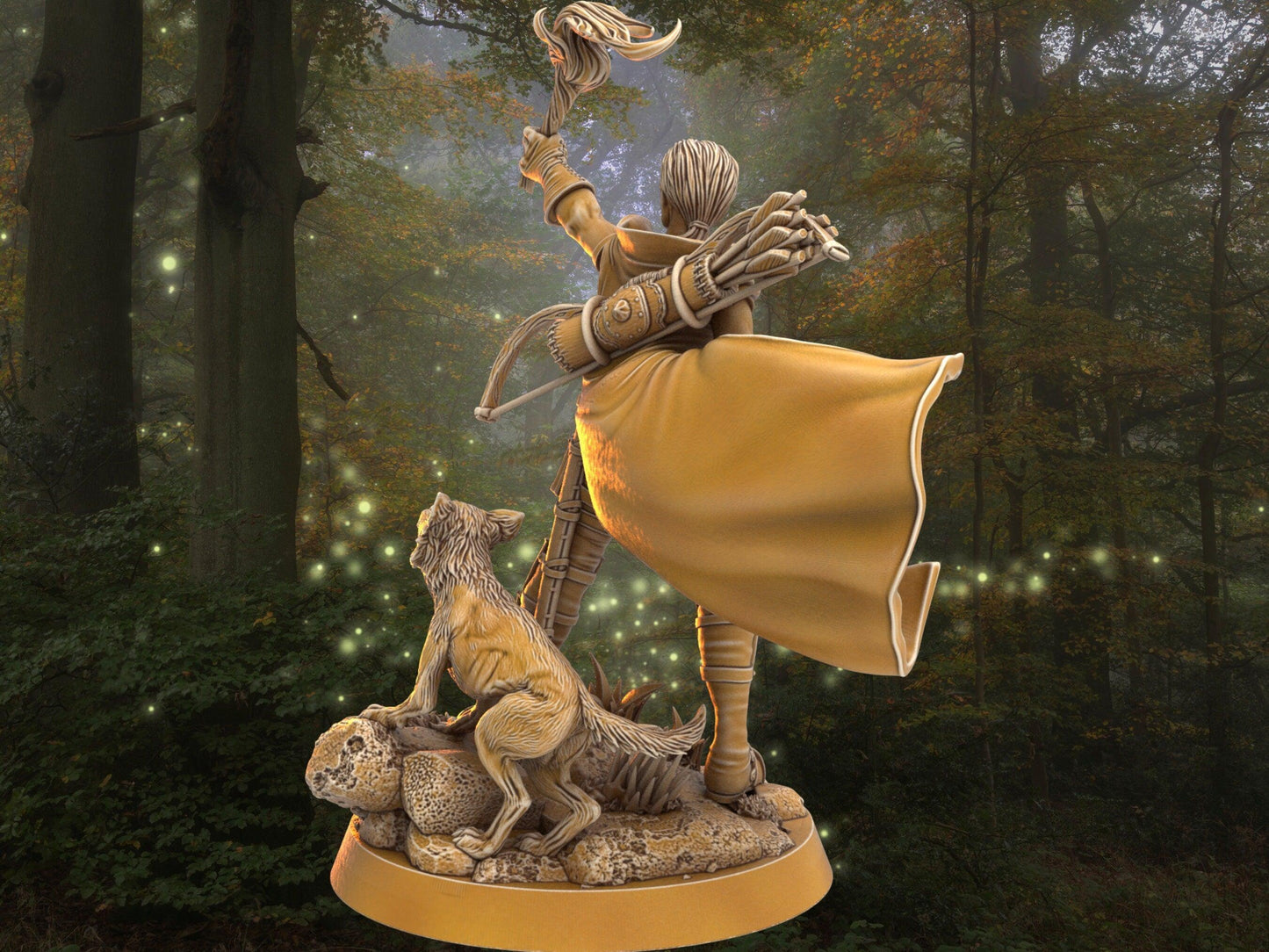 Female Warrior with fox companion miniature | companion army | 32mm Scale DnD 5e | DnD ranger | DnD Miniature | Dungeons and Dragon - Plague Miniatures