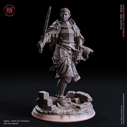 Gikta Half-Orc Paladin Miniature | Heroic Figure for Dungeons and Dragons | 32mm Scale - Plague Miniatures shop for DnD Miniatures