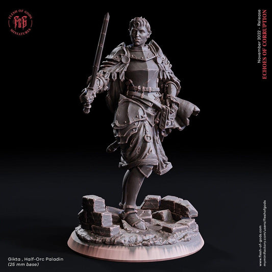 Gikta Half-Orc Paladin Miniature | Heroic Figure for Dungeons and Dragons | 32mm Scale - Plague Miniatures