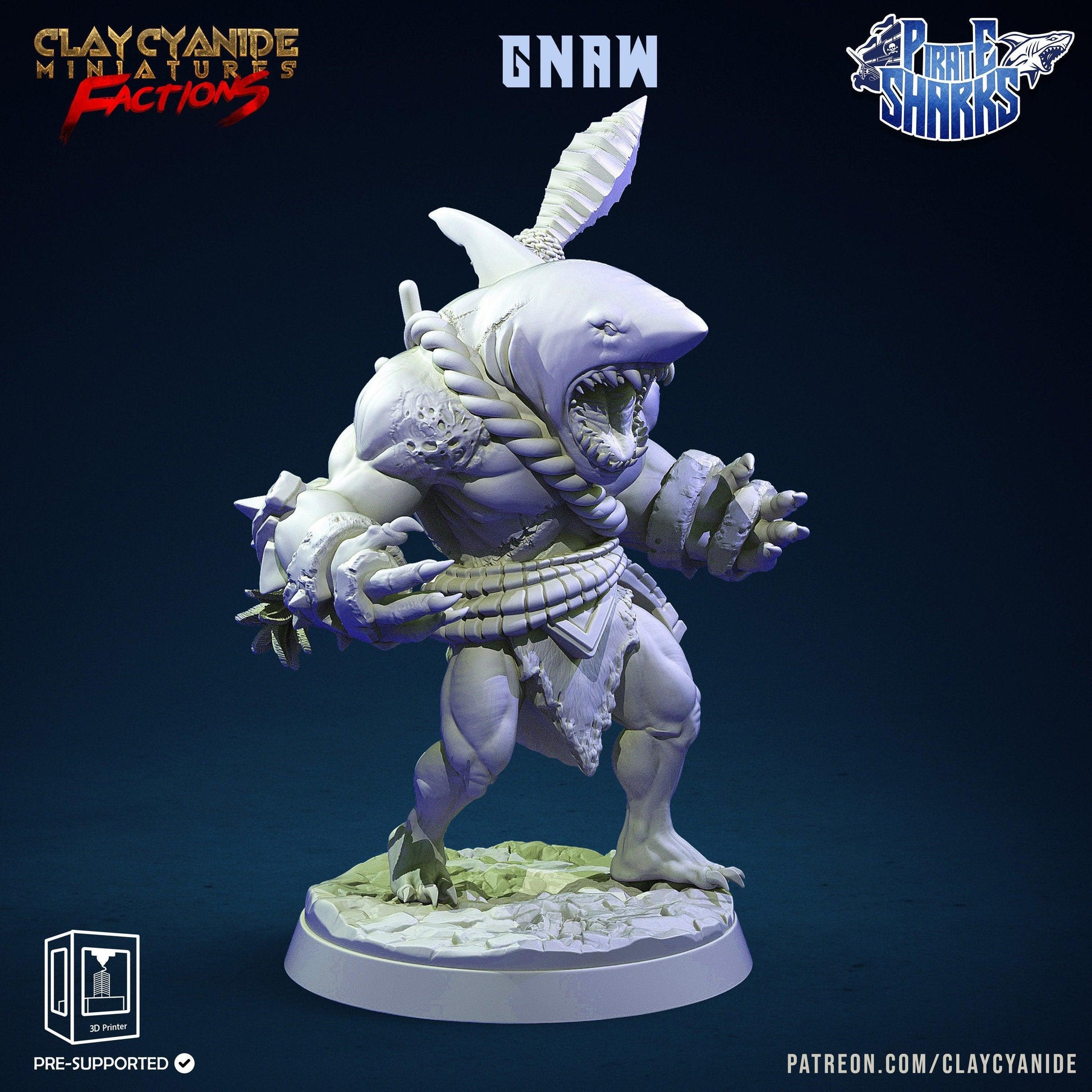 Gnaw, the Battle-Ready Pirate Shark Miniature | Menacing Sharkin DnD Miniature | 32mm Scale - Plague Miniatures
