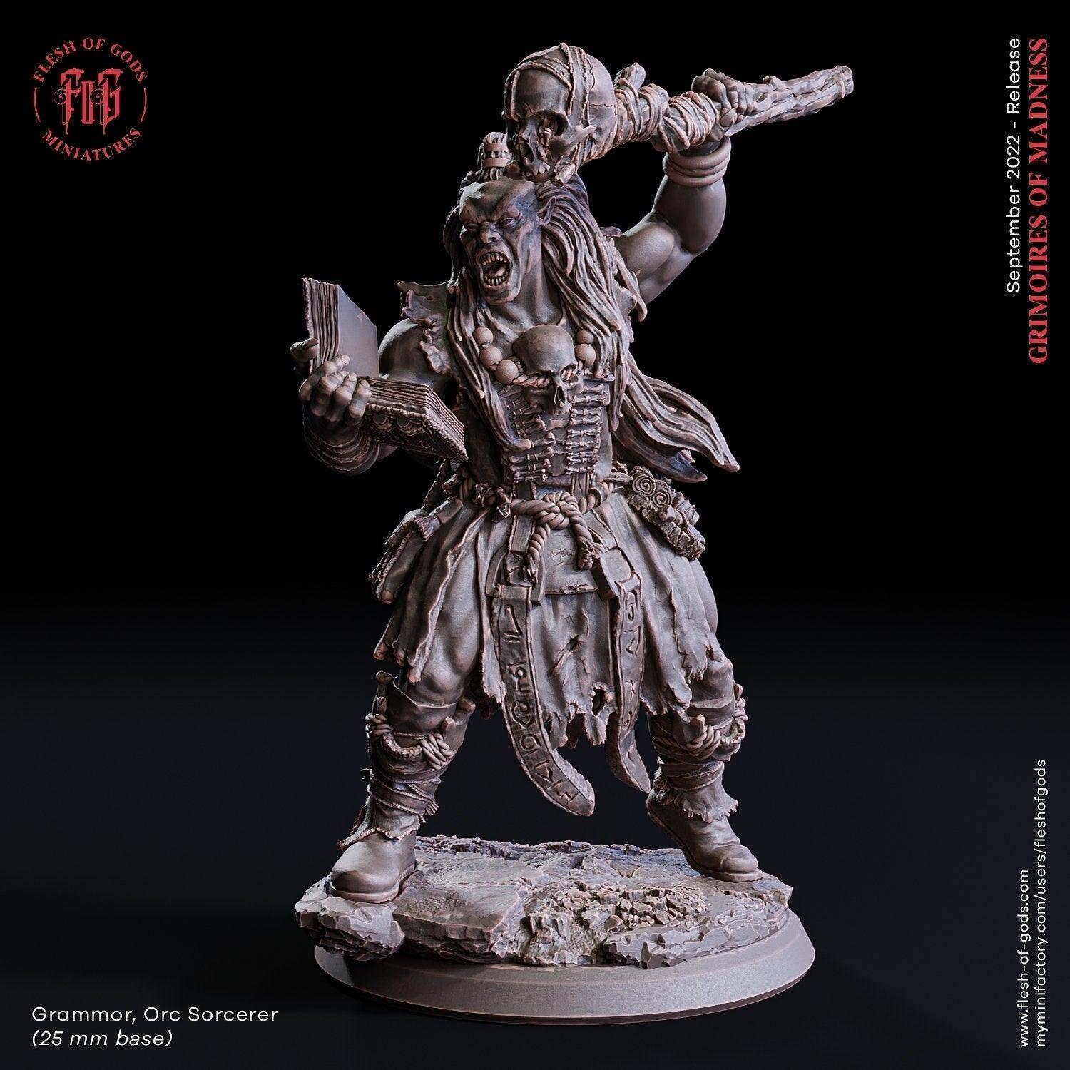 Grammor, Orc Sorcerer Miniature | DnD Sorcerer Figurine | 32mm Scale - Plague Miniatures