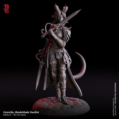 Gravelia, Shadowblade Duelist Miniature | Female Tiefling Fighter for Tabletop Glory | 32mm Scale or 75mm Scale - Plague Miniatures