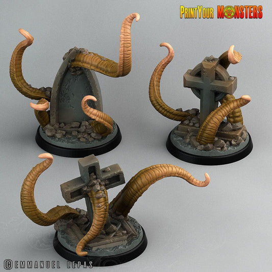 Graveyard Headstone Tentacle Monster Miniatures | Halloween Terrain | 25mm Base - Plague Miniatures