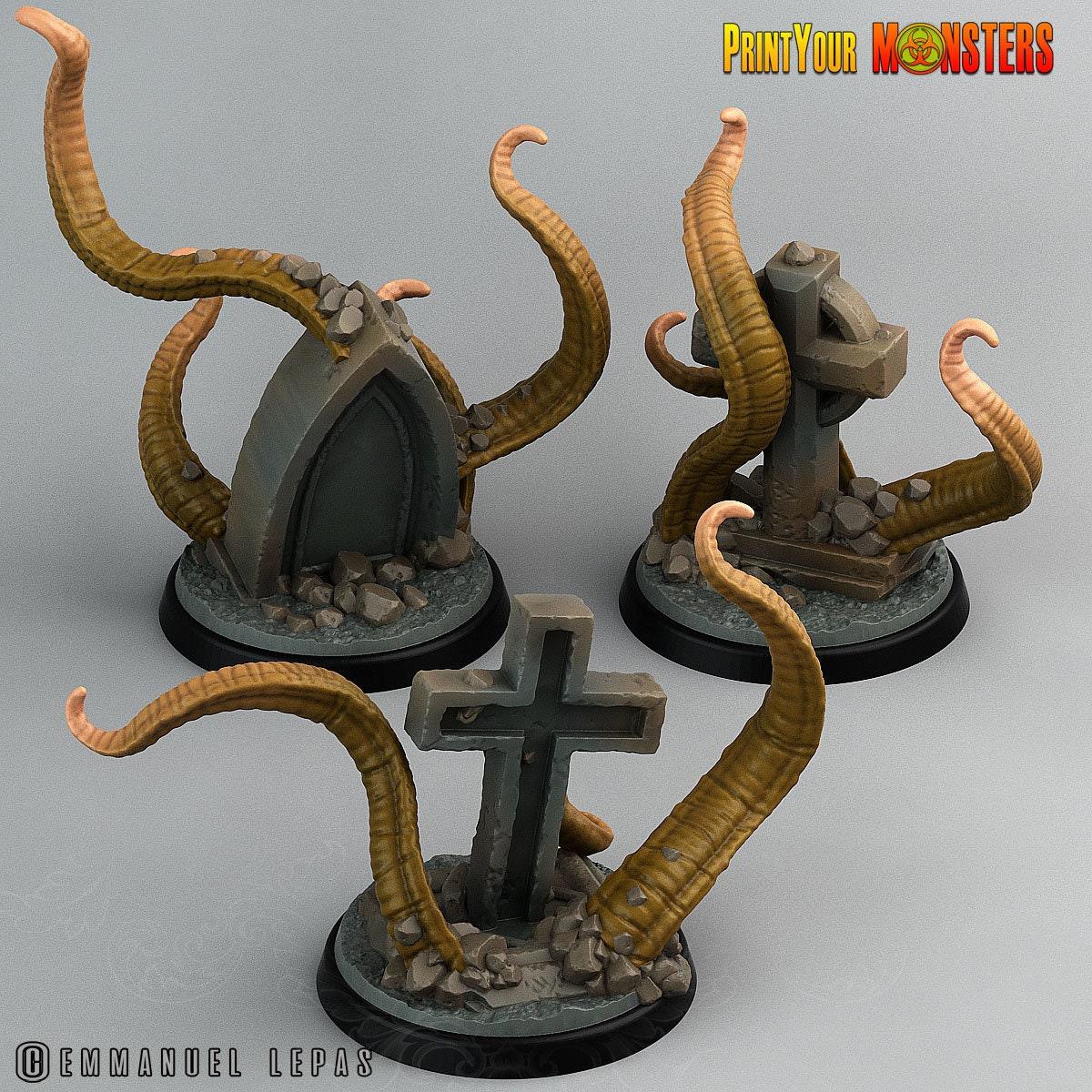 Graveyard Headstone Tentacle Monster Miniatures | Halloween Terrain | 25mm Base - Plague Miniatures