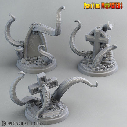 Graveyard Headstone Tentacle Monster Miniatures | Halloween Terrain | 25mm Base - Plague Miniatures