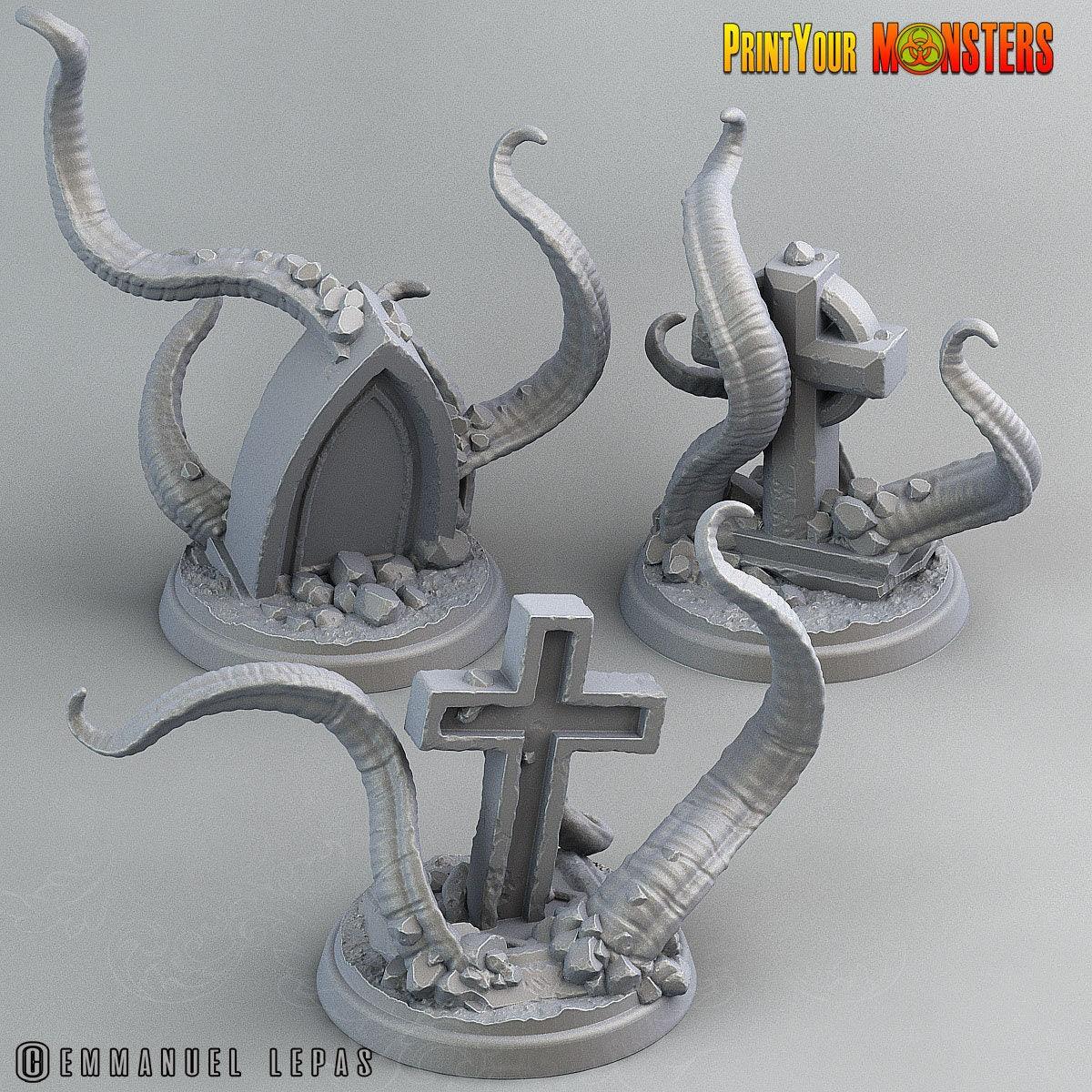 Graveyard Headstone Tentacle Monster Miniatures | Halloween Terrain | 25mm Base - Plague Miniatures