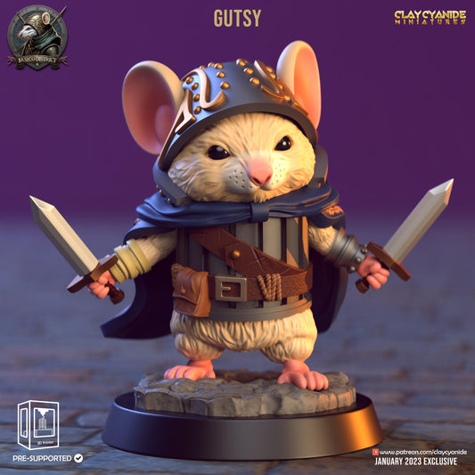 Gutsy, Mini Mice Miniature | Dual-Wielding Rogue | 32mm Scale - Plague Miniatures