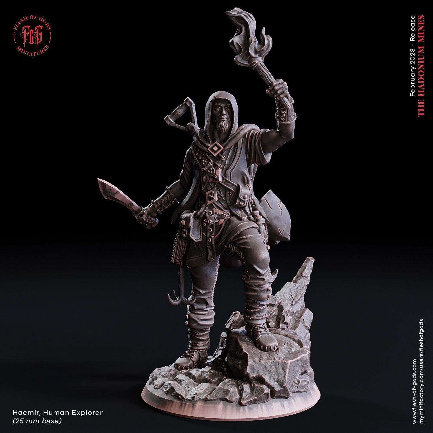 Haemir, Human Explorer Miniature | Adventurous DnD Figurine | 32mm Scale or 75mm Scale - Plague Miniatures
