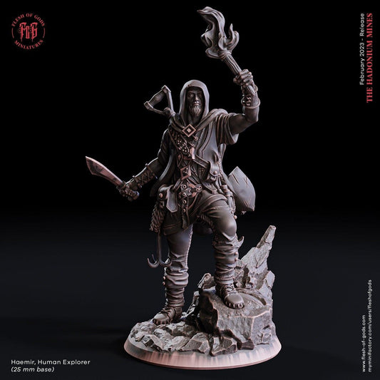 Haemir, Human Explorer Miniature | Adventurous DnD Figurine | 32mm Scale or 75mm Scale - Plague Miniatures